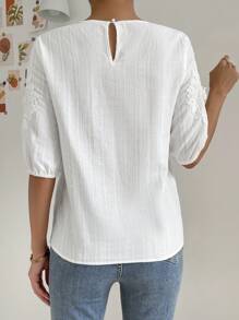 SHEIN Clasi Guipure Lace Panel Puff Sleeve Blouse - White - View 3