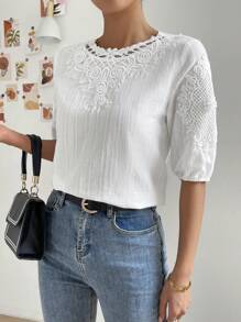 SHEIN Clasi Guipure Lace Panel Puff Sleeve Blouse - White - View 4