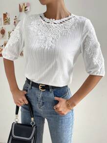 SHEIN Clasi Guipure Lace Panel Puff Sleeve Blouse - White - View 1