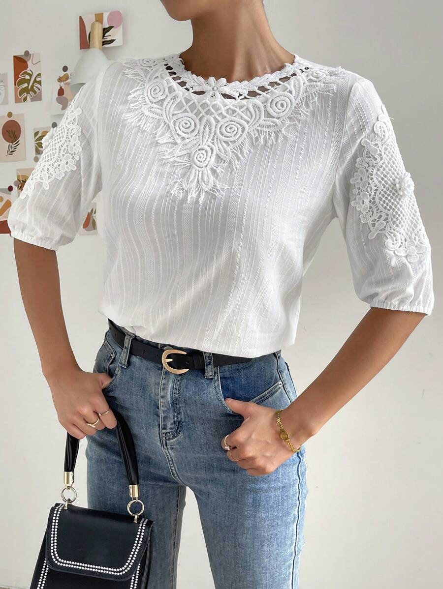 SHEIN Clasi Guipure Lace Panel Puff Sleeve Blouse - White - View 1