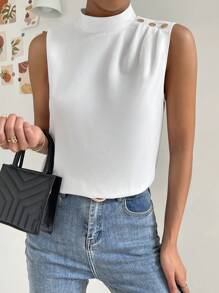 SHEIN Privé 小高領紐扣細節無袖襯衫