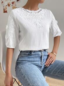 SHEIN Clasi Guipure Lace Panel Puff Sleeve Blouse - White - View 6