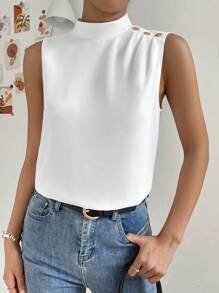 SHEIN Privé 小高領紐扣細節無袖襯衫