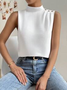 SHEIN Privé 小高領紐扣細節無袖襯衫