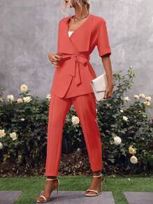 SHEIN Clasi Bộ đồ hai mảnh nữ Thắt lưng màu trơn Giải trí - trái cam - Xem 1