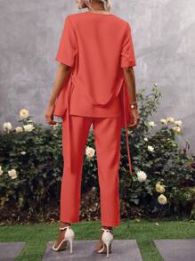 SHEIN Clasi Bộ đồ hai mảnh nữ Thắt lưng màu trơn Giải trí - trái cam - Xem 2