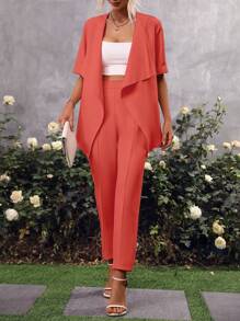 SHEIN Clasi Bộ đồ hai mảnh nữ Thắt lưng màu trơn Giải trí - trái cam - Xem 3