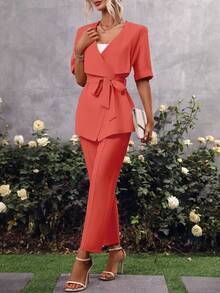 SHEIN Clasi Bộ đồ hai mảnh nữ Thắt lưng màu trơn Giải trí - trái cam - Xem 4