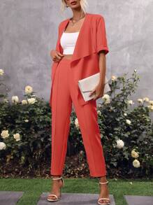 SHEIN Clasi Bộ đồ hai mảnh nữ Thắt lưng màu trơn Giải trí - trái cam - Xem 5