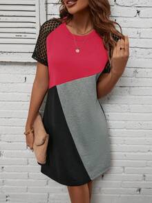 EMERY ROSE 撞色蕾絲拼接插肩袖T恤洋裝 - 彩色 - 查看 3