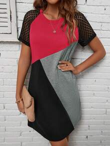 EMERY ROSE 撞色蕾絲拼接插肩袖T恤洋裝 - 彩色 - 查看 4