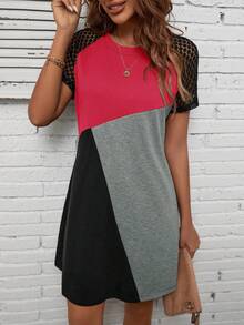 EMERY ROSE 撞色蕾絲拼接插肩袖T恤洋裝 - 彩色 - 查看 5