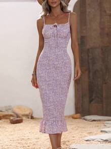 Chiquease Đầm Viên lá sen Thắt nơ trước Nếp gấp Phần Ngực Họa tiết hoa Boho - Màu tím - Xem 1