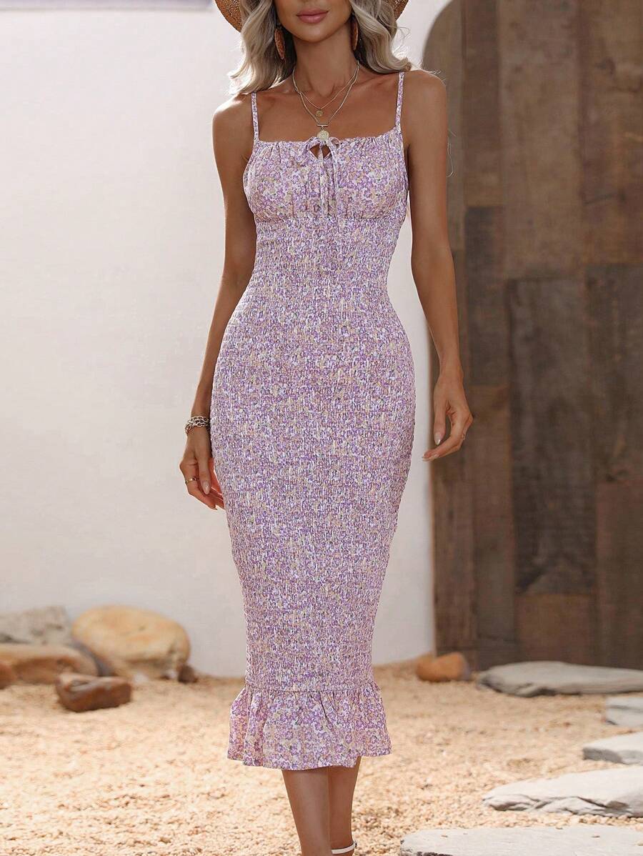 Chiquease Đầm Viên lá sen Thắt nơ trước Nếp gấp Phần Ngực Họa tiết hoa Boho - Màu tím - Xem 1