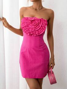 SHEIN Privé 荷葉邊抹胸緊身洋裝 - 玫紅色 - 查看 1