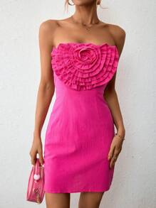 SHEIN Privé 荷葉邊抹胸緊身洋裝 - 玫紅色 - 查看 3