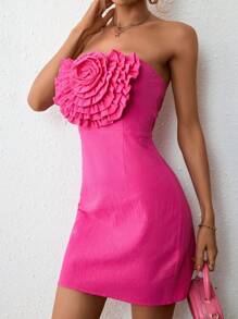 SHEIN Privé 荷葉邊抹胸緊身洋裝 - 玫紅色 - 查看 4