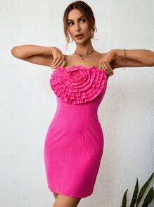 SHEIN Privé 荷葉邊抹胸緊身洋裝 - 玫紅色 - 查看 6