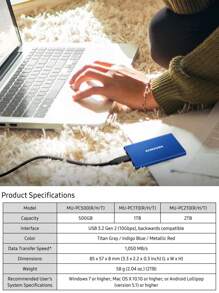 Samsung T7 Mobile Solid State Drive 500GB/1TB USB3.2 Computer Phone Hardware Encryption Dual-Use SSD - Grey - View 6