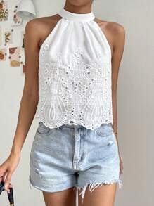 Firerie 素色網眼刺繡繞頸襯衫 - 白色 - 查看 1