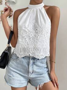 Firerie 素色網眼刺繡繞頸襯衫 - 白色 - 查看 6