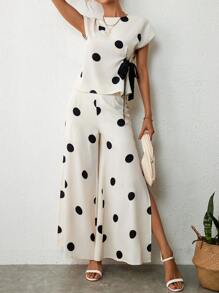 SHEIN Privé 波卡圓點蝙蝠袖上衣和高衩闊腿褲 - 白色 - 查看 1
