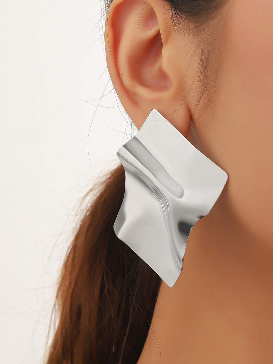 1 Pair Shiny Silver Fashionable Design Large Stud Earrings - Silver - View 1