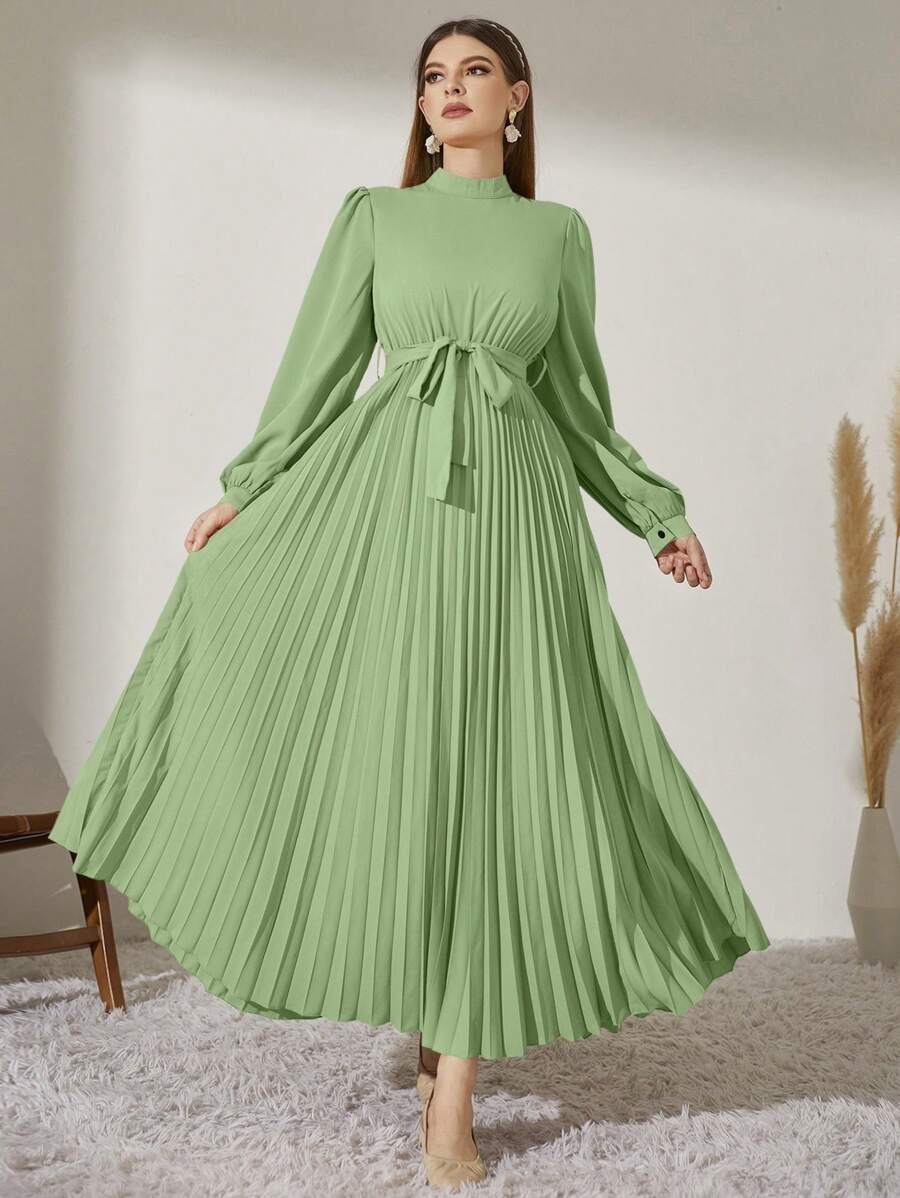 Modelyn Mock Neck Long Lantern Sleeve Pleated Hem Belted Modest Dress - Green - View 1