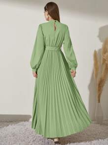 Modelyn Mock Neck Long Lantern Sleeve Pleated Hem Belted Modest Dress - Green - View 2