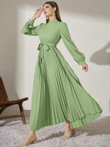 Modelyn Mock Neck Long Lantern Sleeve Pleated Hem Belted Modest Dress - Green - View 3