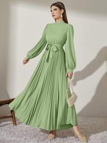 Modelyn Mock Neck Long Lantern Sleeve Pleated Hem Belted Modest Dress - Green - View 4