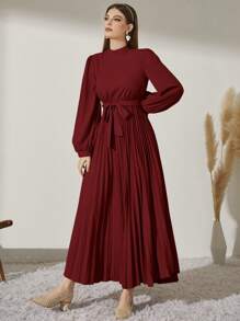 Modelyn 勃艮第红色立领长灯笼袖褶边束带端庄连衣裙长款晚礼服 - 酒紅色 - 查看 5