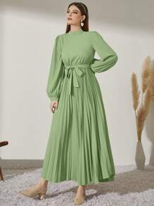 Modelyn Mock Neck Long Lantern Sleeve Pleated Hem Belted Modest Dress - Green - View 5
