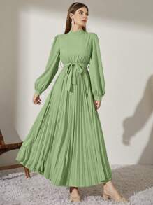 Modelyn Mock Neck Long Lantern Sleeve Pleated Hem Belted Modest Dress - Green - View 6