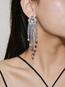 1對奢華方晶鋯石水滴和流蘇耳墜適合女士適合派對銅首飾類 - 銀色 - 查看 1