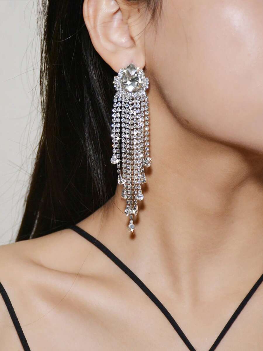 1對奢華方晶鋯石水滴和流蘇耳墜適合女士適合派對銅首飾類 - 銀色 - 查看 1