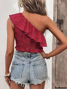 SHEIN LUNE 波卡圓點單肩荷葉邊短款襯衫 - 紅色 - 查看 4