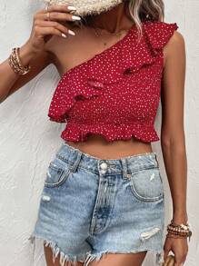 SHEIN LUNE 波卡圓點單肩荷葉邊短款襯衫 - 紅色 - 查看 1