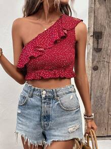 SHEIN LUNE 波卡圓點單肩荷葉邊短款襯衫 - 紅色 - 查看 6