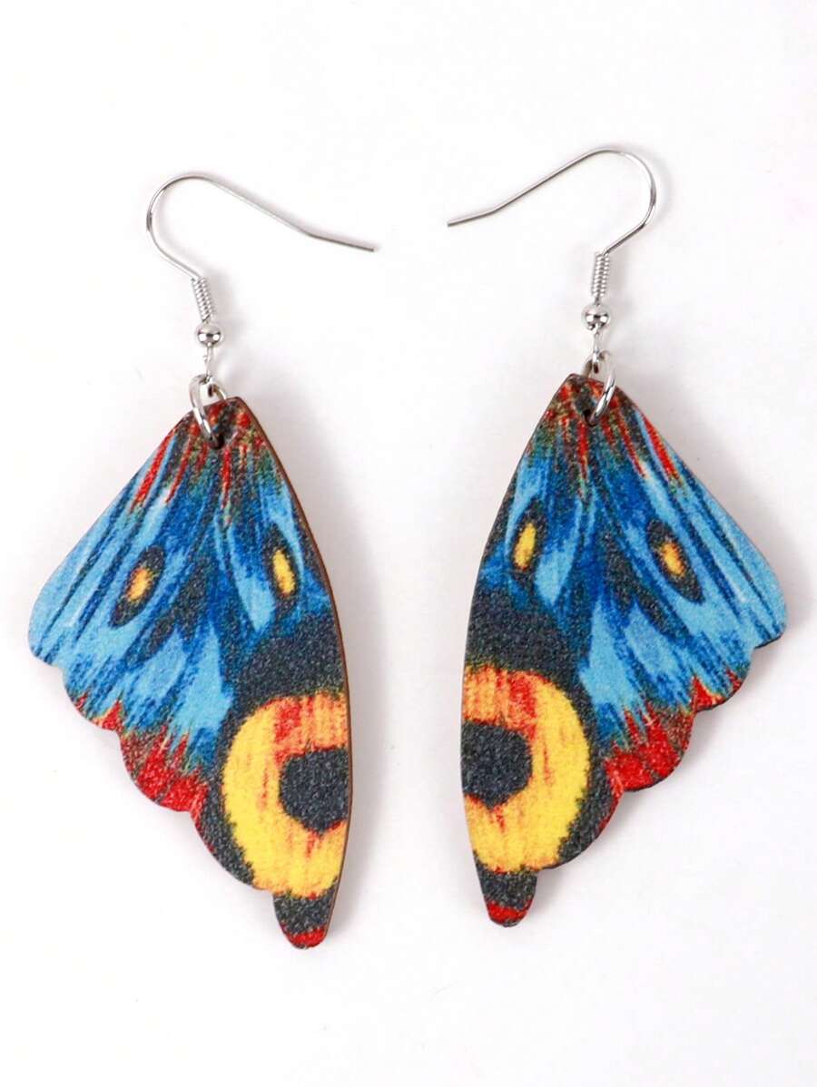 1對時尚木頭蝴蝶翅膀耳墜適合女士日常裝飾 - 青碧色 - 查看 1