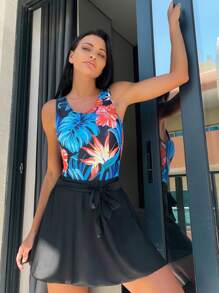 熱帶圖案連體泳衣附沙灘裙 - 彩色 - 查看 1