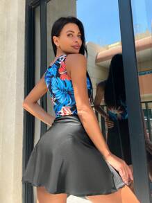 熱帶圖案連體泳衣附沙灘裙 - 彩色 - 查看 2