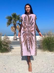 SHEIN Swim Half Zip One Piece Swimsuit With Tropical Print Cover Up - Multicolor - View 1