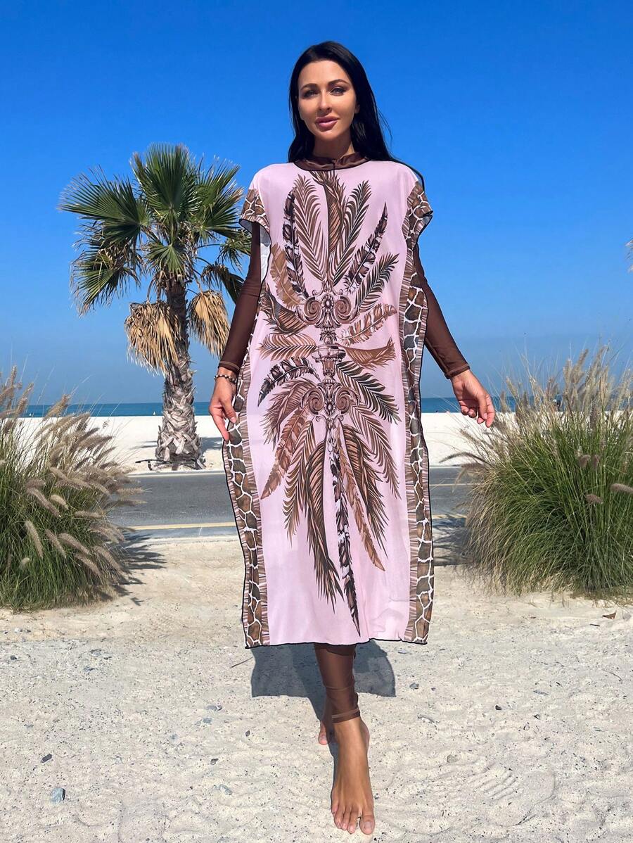 SHEIN Swim Half Zip One Piece Swimsuit With Tropical Print Cover Up - Multicolor - View 1