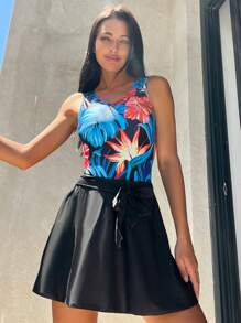 熱帶圖案連體泳衣附沙灘裙 - 彩色 - 查看 3