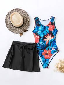 熱帶圖案連體泳衣附沙灘裙 - 彩色 - 查看 4