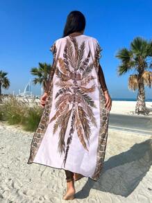 SHEIN Swim Half Zip One Piece Swimsuit With Tropical Print Cover Up - Multicolor - View 2