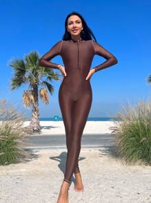 SHEIN Swim Half Zip One Piece Swimsuit With Tropical Print Cover Up - Multicolor - View 3