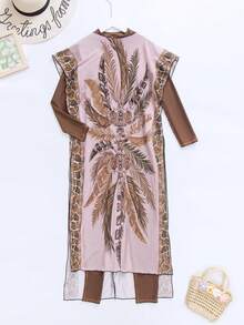 SHEIN Swim Half Zip One Piece Swimsuit With Tropical Print Cover Up - Multicolor - View 4