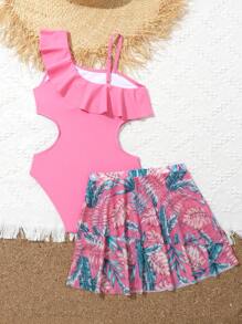 青少女翻邊剪裁單片泳衣配熱帶印花沙灘裙 - 粉色 - 查看 2